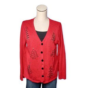 CHRISTMAS sweater • Large Sequins & Beads red holiday cardigan casual women's